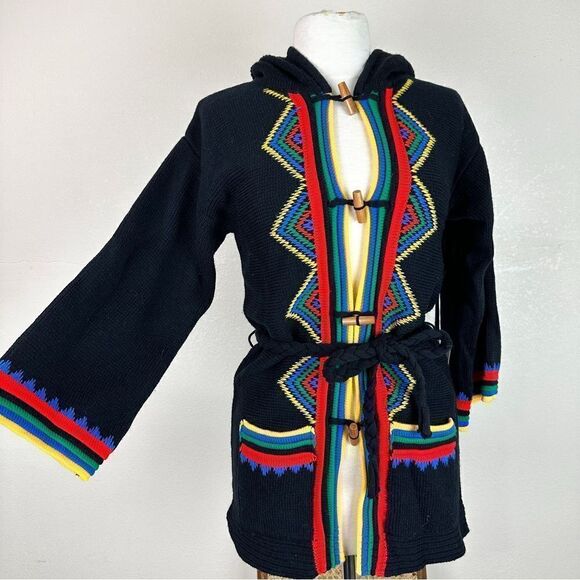 Vintage 70s Rainbow Boho Hippie Hoodie Cardigan Bell Sleeves Cape Sweater Donna - Picture 2 of 10